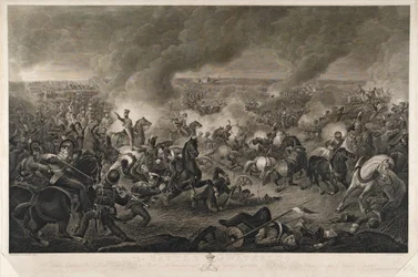 De periode is tegen het einde van de dag... , Slag bij Waterloo, 18 juni 1815, gegraveerd door H. R. Cook, uitgegeven door T. Clay en R. Lambe